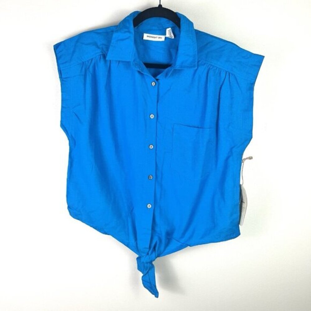 Midnight Sky Linen Blend Blue Cropped Top Vacation Casual Picnic Button size S